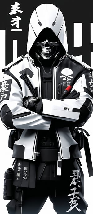 assassinkahb style, a black and white photo of an Cyborg Samurai assassin wearing a high collar motorcycle jacket with japanese writing on the back, fight stance, fists up, Split, solo, simple background, shoulders implementations of wires and nano Future Tech, Large sedge hat, 1boy, white background, jacket, monochrome, upper body, greyscale, male focus, long hair in wind, weapon, clothes writing, skull, skeleton, japanese flag, creating a Synthwave sunrise scene with bleaked dark colorful Neon and black details,pitate hat,pirate patch eye on left eye