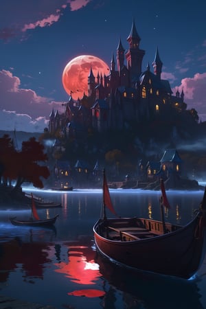 outdoors, sky, cloud, water, no humans, night, moon, building, night sky, scenery, full moon, reflection, watercraft, bridge, castle, ship, tower, boat, red moon,halloween,island