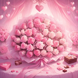 Illuminate the spirit of Valentine's Day with an image generation prompt featuring pink roses. Envision a scene where delicate pink roses intertwine, forming a romantic tableau that embodies the essence of love and affection. Let the soft, rosy hues dominate the palette, evoking warmth and tenderness. Whether arranged in a bouquet or scattered amidst Valentine's Day symbols, such as hearts and chocolates, the image should encapsulate the sweet sentiment of the occasion. This prompt invites the creation of a visually compelling representation that encapsulates the timeless connection between pink roses and the celebration of love on Valentine's Day.,