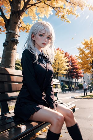 Imagine a picture of a woman with green eyes, white hair hair, black skin, long hair, wearing school uniform,  sitting in a bench, sunny, sun beam,  windy,  fall_leaves, high_resolution, High quality, 16k, park scene