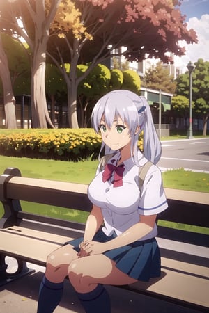 Imagine a picture of a woman with green eyes,  white hair hair,  black skin,  long hair,  wearing school uniform,  sitting in a bench,  sunny,  sun beam,  windy,  fall_leaves,  high_resolution,  High quality,  16k,  park scene