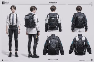 blueprints ensemble details, eva pilot ensemble, evangelion, with robotic ensemble, with robotic backpack, black and white ensemble, men, ensemble parts blueprints details, black and white, minimalistic ensemble,

