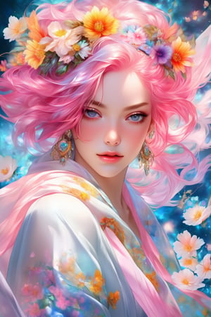 (masterpiece, best quality, niji style, realistic), Beautiful girl with flowers in hair, pink hair, transparent silk scarf, detailed portrait, digital art, fantasy style, dynamic light, Vibrant colors.