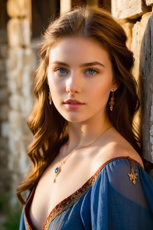 A stunning 20-year-old maiden gazes directly into the lens, her breathtaking features accentuated by warm golden light. Thin yet curvy, she exudes a subtle sensuality, her model-like visage framed by a delicate collarbone and wispy brown locks that cascade down her back in tangled disarray. Her piercing blue eyes sparkle with an air of quiet confidence as she wears worn, medieval-inspired attire amidst the rustic charm of a quaint village backdrop, where crumbling stone walls and weathered wooden doors blend seamlessly into the scenery.
