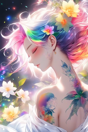 (masterpiece, best quality, niji style, anime), beautiful woman back, upper body shot, eyes closed, rainbow hair, (flowers tattoo) on back, white transparent clothes.