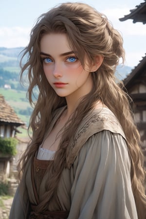 (masterpiece, best quality, niji style, anime), a portrait of a really beautiful 20 year old woman, thin but curvy, model face, blue eyes, thin downward-turned lips, collarbone, brown messy hair, looking at the camera, medieval clothing, worn out clothing, village background
