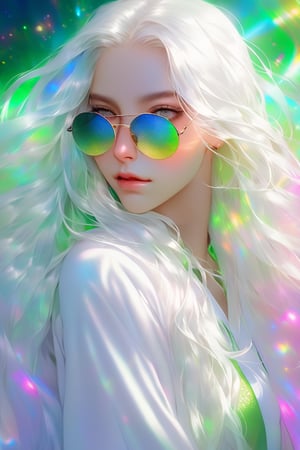 (masterpiece, best quality, niji style),1woman,28 years old,white long hair,green eyes,round sunglasses,white open t-shirt,(vibrant colors,colour), (bokeh),(full length portraits), (studio lighting),(ultra fine image),(sharp) focus),(highly detailed eyes, body and face),(detailed lips),(beautiful detailed eyes),( long eyelashes)