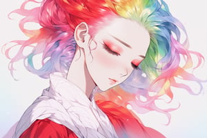(masterpiece, best quality, niji style, anime), beautiful woman, upper body shot, eyes closed, rainbow hair, red transparent clothes.