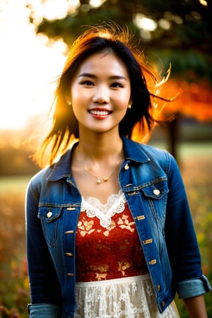 The DSLR camera focuses intimately on a Asia woman's visage, revealing the faintest glimmer of joy in her eyes. Her skin is bathed in the soft, golden light of a late afternoon sun, casting a celestial glow. She's adorned in a vintage denim jacket, a contrast to the delicate lace of her dress beneath. The light falls from the side, creating a dynamic contrast and depth. Behind her, an autumnal park blurs into a mosaic of oranges and reds, the overcast sky hinting at the crisp chill of an impending evening. The atmosphere is one of quiet anticipation, the season's turn captured in a single, ephemeral moment.