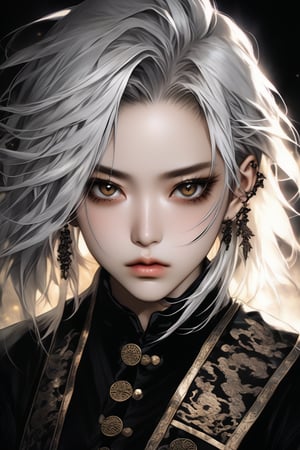 (masterpiece, best quality, niji style, anime), (top quality), close portrait of a young gothic chinese girl with a  touch of punky, (front view), With a black velvet unbuttoned shirt, with a rebellious appearance, black shaded eyes, white hair, intricate details, highly detailed light brown eyes, highly detailed mouth, cinematic image, illuminated by soft light,photo of perfecteyes eyes