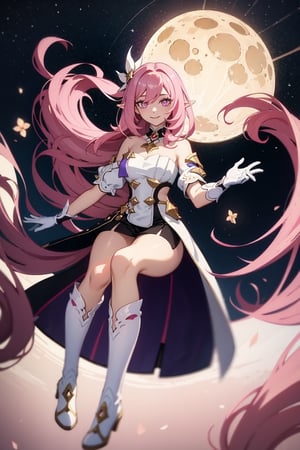 Detailed eyes, intricate, solo, 1girl,smile,  , elysia \(herrscher of human:ego\) \(honkai impact\), slit pupils, elf, bangs, pink_hair, pink_eyes, long_hair, white gloves, white boots, night, night_sky, (floating:1.8), moon,  cherry_blossoms, trees, lake, looking_at_viewer,  full_body, dark lighting, cinematic lighting, cinematic pose, stars, from_above