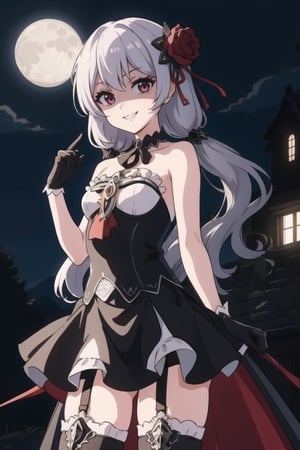 , luna kindred, masterpiece, best quality, ultradetailed, backlight,Castle roof, candlelight,night, moon,Smiling,There is blood on the face,dreamy atmosphere, 1girl, Munitorum,standing, looking at viewer, cowboy shot, light smile, rose, black dress, black gloves, black thighhighs,luna kindred,BloodOnScreen,shalltear,Style,shaded face