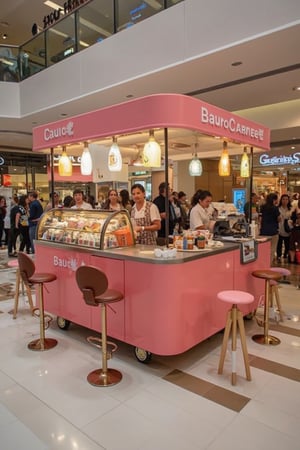 A vibrant 3-square-meter, cute-themed mobile light food stall on wheels, located in the department store lobby. The booth was brightly colored and attractively designed to attract female guests, and tables and chairs were provided for relaxing next to the booth. The scene is centered around the stands, surrounded by a bustling crowd. Soft, warm lighting accentuates the cheerful look of the booth, where baristas serve drinks to smiling customers. The composition captures the lively atmosphere and emphasizes the fluidity of the booth in the busy department store hall.