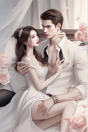 Similar like foto but human version, women in A dress look beautiful with white skin and man look poker face,  gantle and handsome and sexy abs