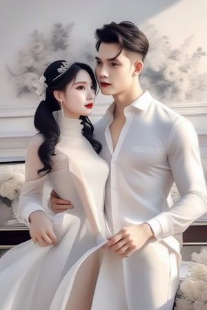 Similar like foto but human version, women in A dress look beautiful with white skin look at man, and man look poker face,  gantle and handsome and sexy abs