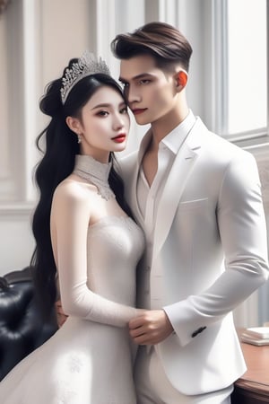 Similar like foto but human version, women in A dress look beautiful with white skin look at man, and man look poker face,  gantle and handsome and sexy abs