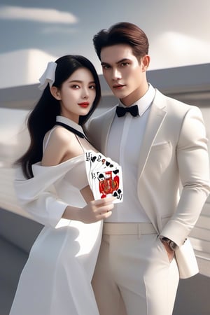 Similar like foto but human version, women in A dress look beautiful with white skin look at man, and man look poker face,  gantle and handsome and sexy abs