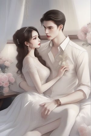 Similar like foto but human version, women in A dress look beautiful with white skin and man look poker face,  gantle and handsome 