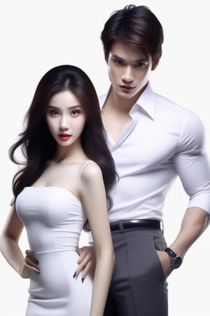 Similar like foto but human version, women in A dress look beautiful with white skin look at man, and man look poker face,  gantle and handsome and sexy abs