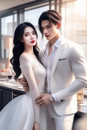 Similar like foto but human version, women in A dress look beautiful with white skin and man look poker face,  gantle and handsome and sexy abs