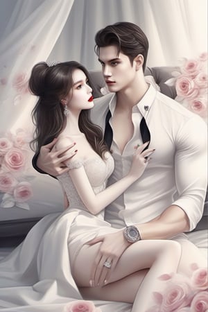 Similar like foto but human version, women in A dress look beautiful with white skin look at man, and man look poker face,  gantle and handsome and sexy abs