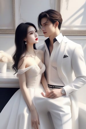 Similar like foto but human version, women in A dress look beautiful with white skin and man look poker face,  gantle and handsome and sexy abs