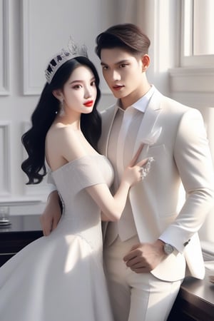 Similar like foto but human version, women in A dress look beautiful with white skin look at man, and man look poker face,  gantle and handsome and sexy abs