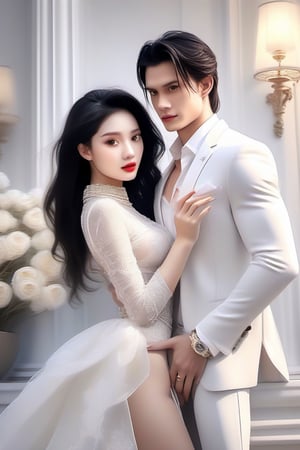 Similar like foto but human version, women in A dress look beautiful with white skin and man look poker face,  gantle and handsome and sexy abs