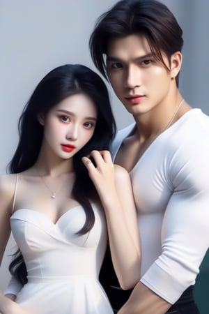 Similar like foto but human version, women in A dress look beautiful with white skin look at man, and man look poker face,  gantle and handsome and sexy abs