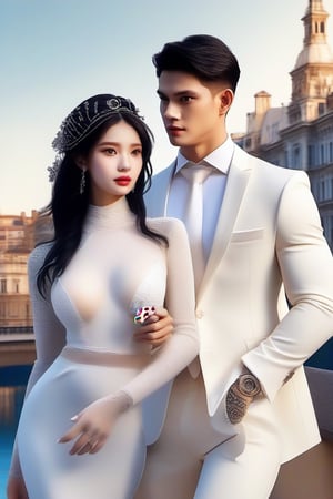 Similar like foto but human version, women in A dress look beautiful with white skin look at man, and man look poker face,  gantle and handsome and sexy abs