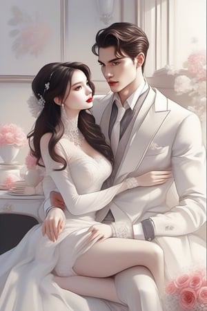 Similar like foto but human version, women in A dress look beautiful with white skin and man look poker face,  gantle and handsome 