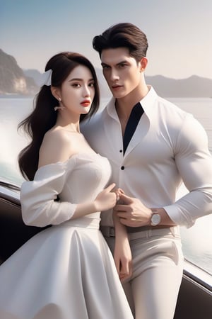 Similar like foto but human version, women in A dress look beautiful with white skin look at man, and man look poker face,  gantle and handsome and sexy abs