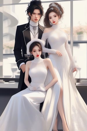 Similar like foto but human version, women in A dress look beautiful with white skin look at man, and man look poker face,  gantle and handsome and sexy abs