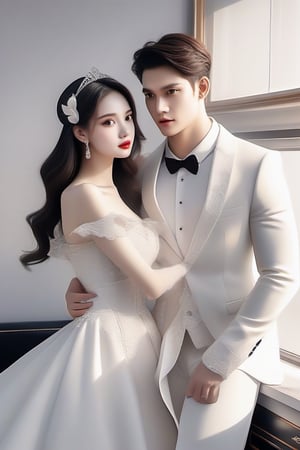 Similar like foto but human version, women in A dress look beautiful with white skin look at man, and man look poker face,  gantle and handsome and sexy abs