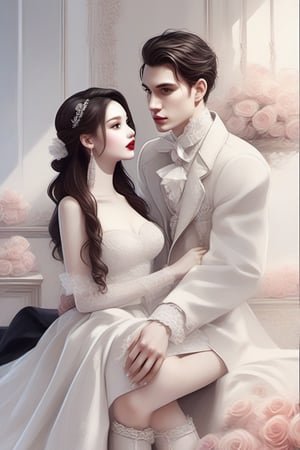 Similar like foto but human version, women in A dress look beautiful with white skin and man look poker face,  gantle and handsome 