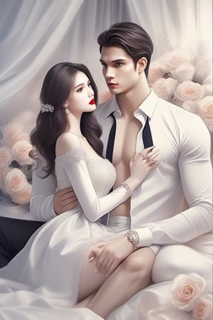 Similar like foto but human version, women in A dress look beautiful with white skin look at man, and man look poker face,  gantle and handsome and sexy abs