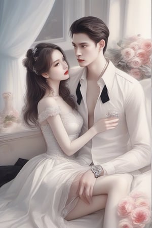 Similar like foto but human version, women in A dress look beautiful with white skin and man look poker face,  gantle and handsome 