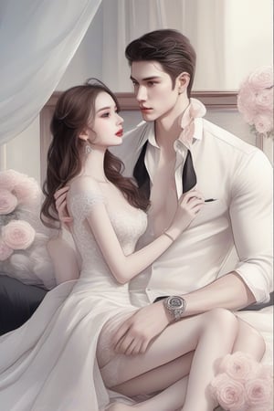 Similar like foto but human version, women in A dress look beautiful with white skin and man look poker face,  gantle and handsome 