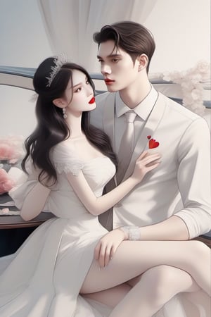 Similar like foto but human version, women in A dress look beautiful with white skin and man look poker face,  gantle and handsome 