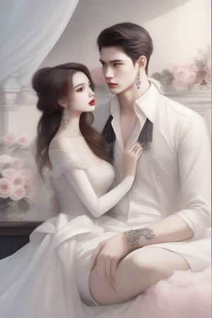 Similar like foto but human version, women in A dress look beautiful with white skin and man look poker face,  gantle and handsome 