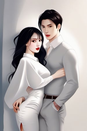 Similar like foto but human version, women in A dress look beautiful with white skin look at man, and man look poker face,  gantle and handsome and sexy abs