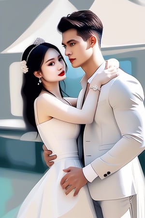 Similar like foto but human version, women in A dress look beautiful with white skin look at man, and man look poker face,  gantle and handsome and sexy abs