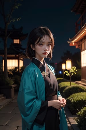 masterpiece, face focused portrait, standing, (looking at viewer:1.2), 1girl, cute face, | outdoors, garden, (night time), night, cozy lights, oriental scenery, asian garden, | futuristic city, neon lights, | depth of field, bokeh, 