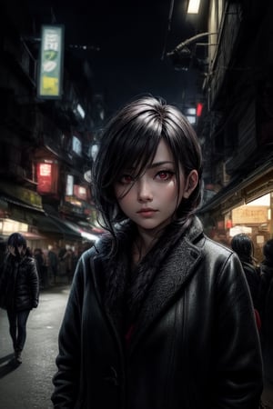 masterpiece, face focused portrait, standing, (looking at viewer:1.2), 1girl, cute face, | outdoors, garden, (night time), night, cozy lights, oriental scenery, asian garden, | futuristic city, neon lights, | depth of field, bokeh, ,cyborg style,cyberpunk style,Jukujo