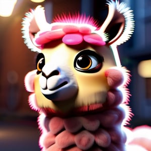 3d fluffy llama, closeup cute and adorable, cute big circular reflective eyes, long fuzzy fur, pixar render, unreal engine cinematic smooth, intricate detail, cinematic,机甲少女