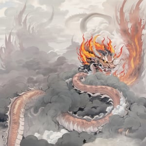 A colossal creature with a human head and human face and snake body, measuring over 500 miles in length, with hair that glows like flames.,yuhuo,long, urly face:1.0,fire,dragon,perfecteyes,mythical clouds,High detailed ,oni style, oni style head,ink scenery,chinese ink drawing, fire hair