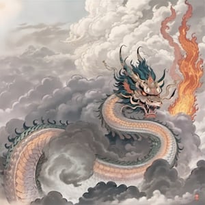 A colossal creature with a human head and human face and snake body, measuring over 500 miles in length, with hair that glows like flames.,yuhuo,long, urly face:1.0,fire,dragon,perfecteyes,mythical clouds,High detailed ,oni style, oni style head,ink scenery,chinese ink drawing