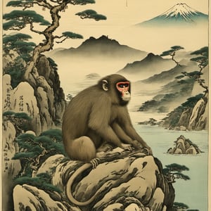 Japanese art, ink art, monochorme:1.2, a family of macaca sitting on a rock, macaca with white human ears 