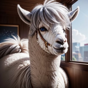 3d fluffy llama, closeup cute and adorable, cute big circular reflective eyes, long fuzzy fur, pixar render, unreal engine cinematic smooth, intricate detail, cinematic