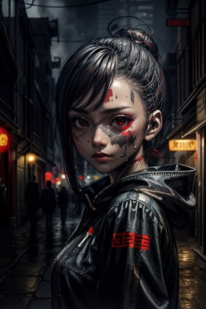 masterpiece, face focused portrait, standing, (looking at viewer:1.2), 1girl, cute face, | outdoors, garden, (night time), night, cozy lights, oriental scenery, asian garden, | futuristic city, neon lights, | depth of field, bokeh, ,cyborg style,cyberpunk style,Jukujo,potcoll